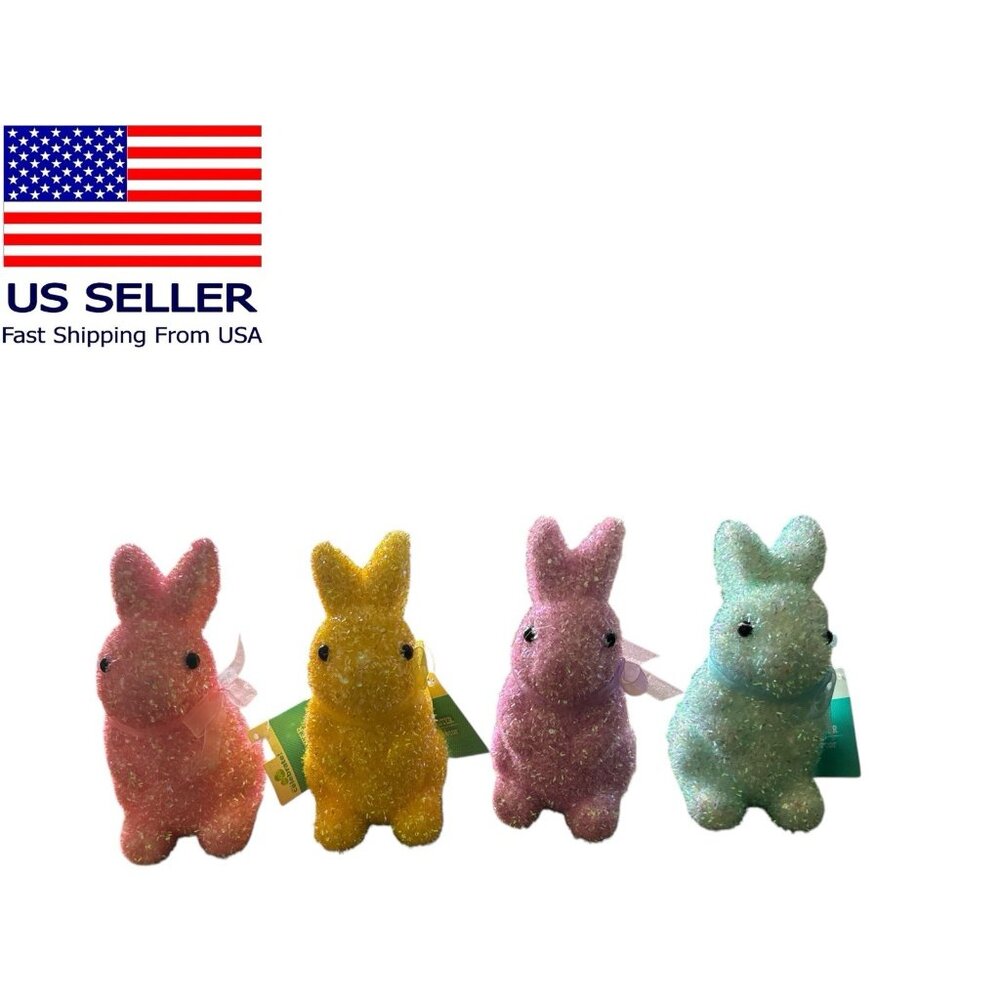 Way to Celebrate Tinsel Bunny Rabbit Table Mantel Decor 7” Set Of 4 new